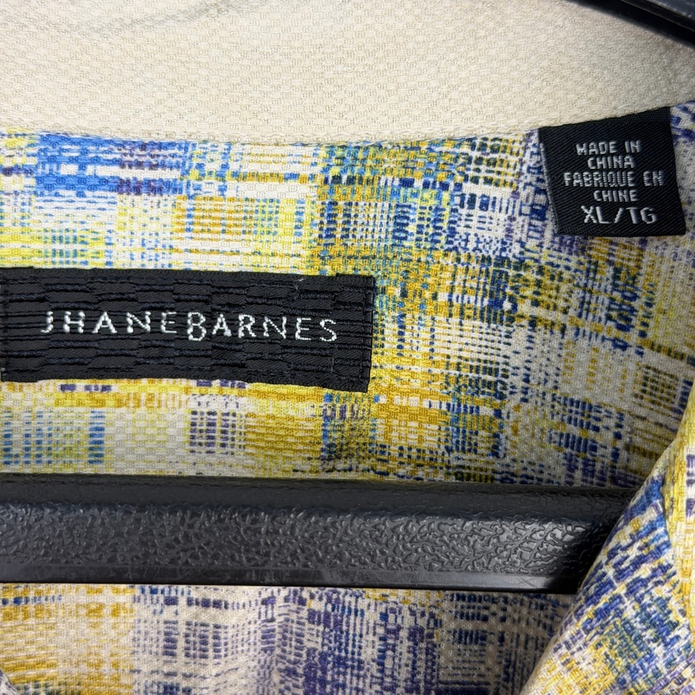 VTG Jhane Barnes Mens XL Silk Short Sleeve Shirt Yellow Blue Abstract Geometric - Picture 2 of 9